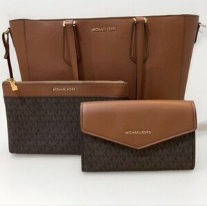 NWT MK Kimberly Large Pebbled Leather and Logo 3-in-1 Tote Bag Set, Brown Black